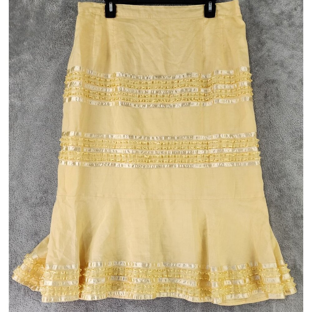 Couture Inc Skirt Womens 18 Yellow Linen Flare Lined Ruffle Trim Midi Summer